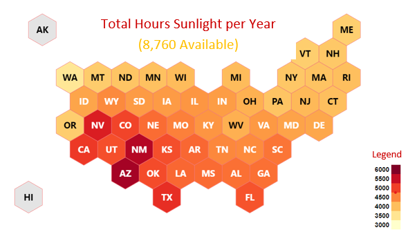 A graphic of total sunlight the United States experiences