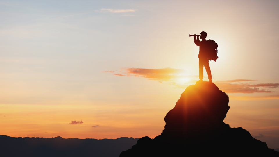 An adventurer standing on a boulder in a sunset.